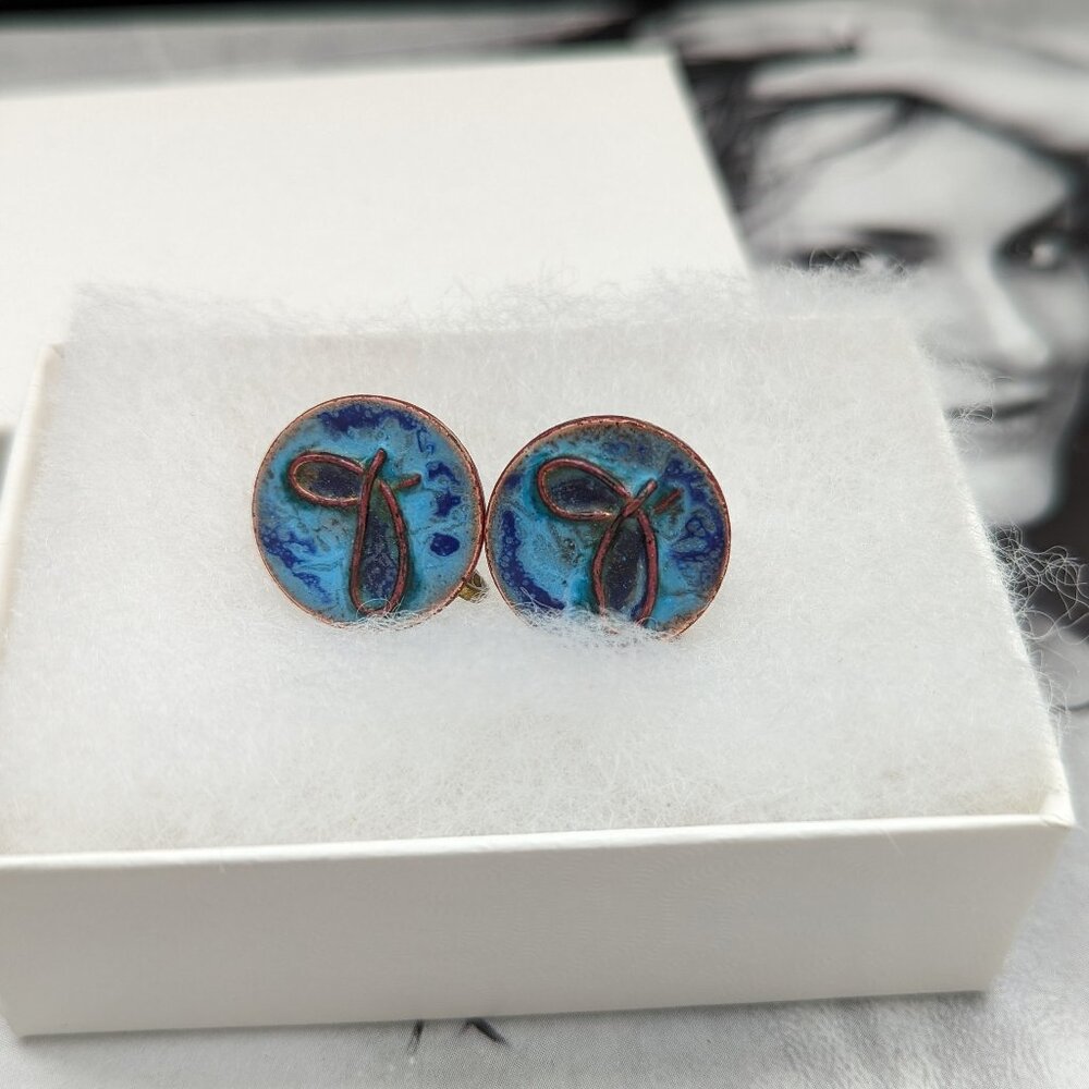 1936 Art Penny Copper earrings Artisan Made Blue's enamel Antique One of D Kind